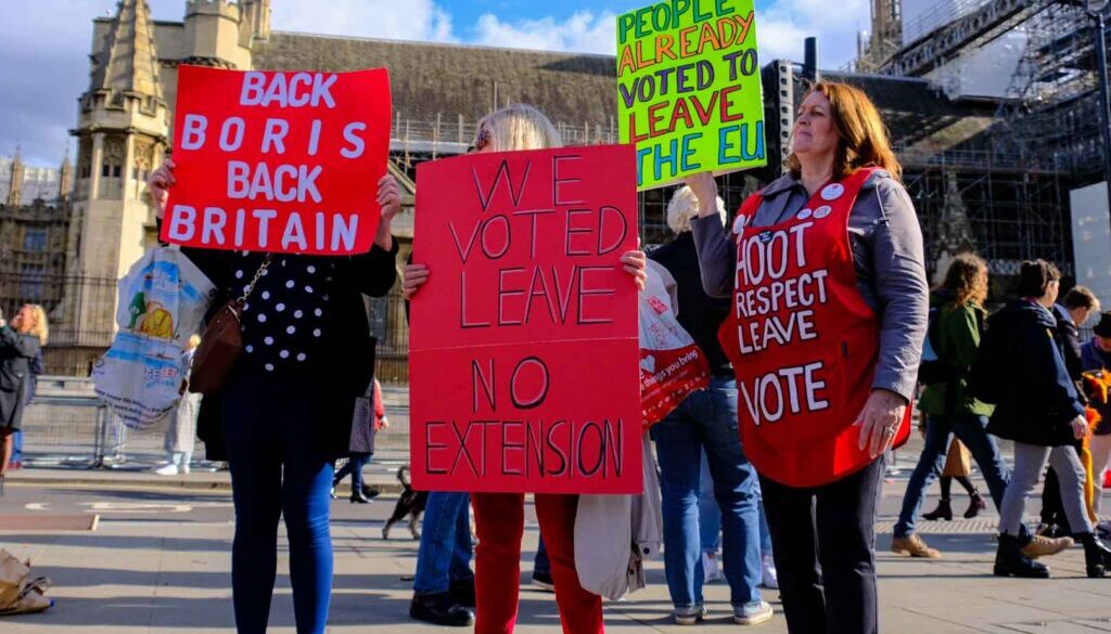 Vote Leave demonstrators outside the Houses of Parliament