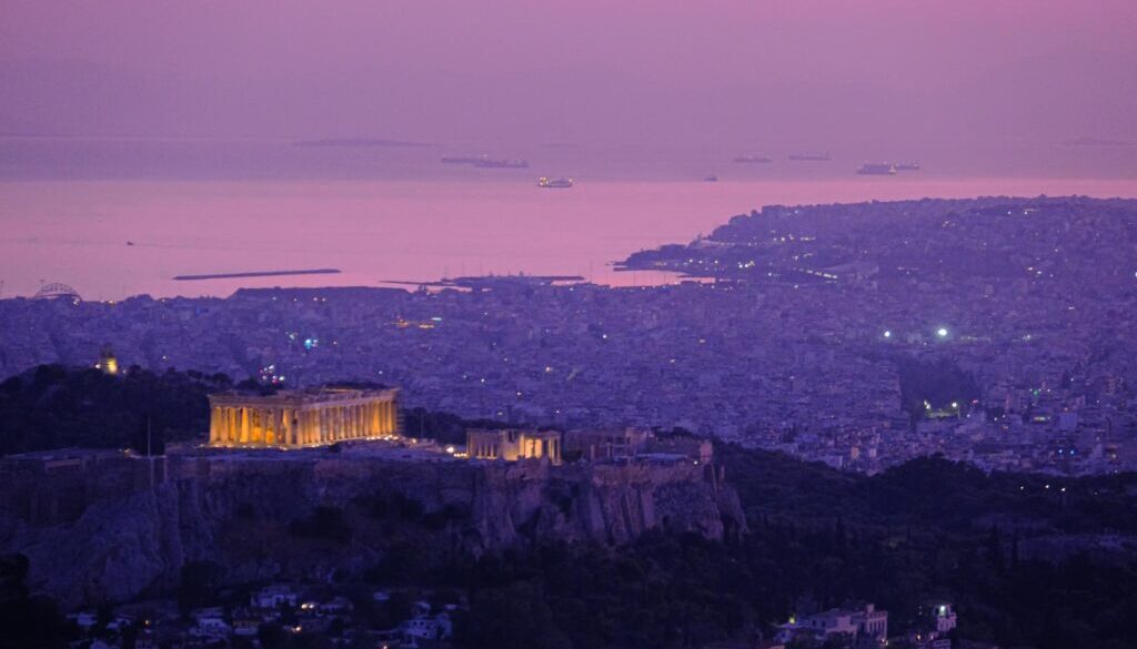 The Parthenon lit up at night