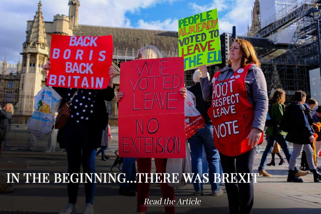 Vote leave demonstrators outside the Houses of Parliament in London